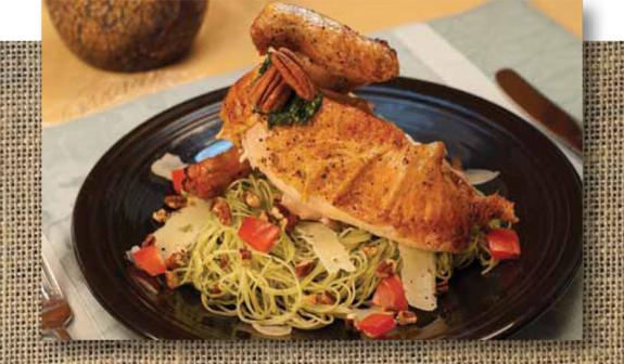 Recipe: Roasted Chicken with Pecan Serrano Pesto & Angel Hair Pasta